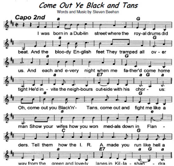 Come Out You Black And Tans Sheet Music Notes Irish Folk Songs