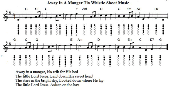Away in a Manger easy tin whistle notes