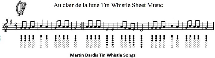 Au Clair De La Lune tin whistle notes