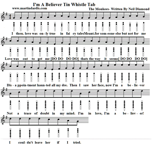 I'm a believer tin whistle sheet music