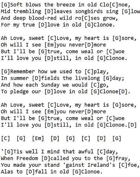 Old clonoe lyrics and chords for the key of G Major