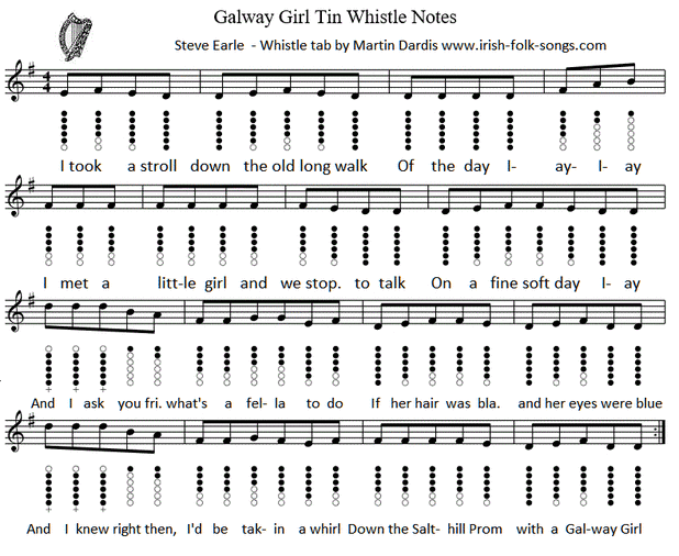 Galway Girl tin whistle notes, easy version.