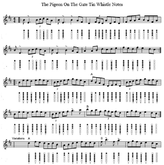 Pigeon on the gate sheet music for the tin whistle in the key of D.