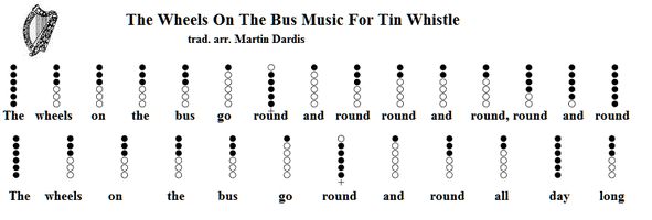 The Wheels On The Bus Go 'Round And 'Round tin whistle notes