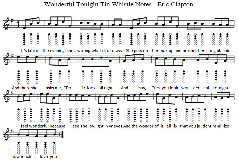 Wonderful tonight tin whistle sheet music notes