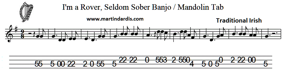 I'm A Rover Seldom Sober Sheet Music with tin whistle notes
