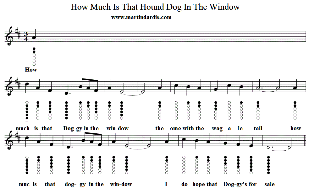 How Much Is That Doggie In The Window tin whistle notes and sheet music in D