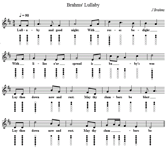 Brahms lullaby sheet music in the key of D Major