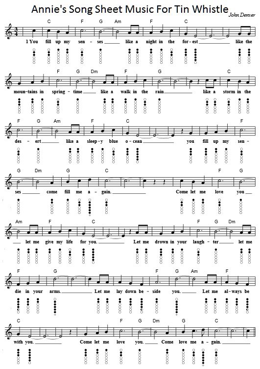 Annie's Song Sheet Music For Tin Whistle