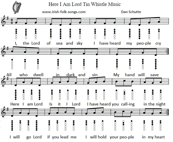 Here I Am Lord sheet music for tin whistle