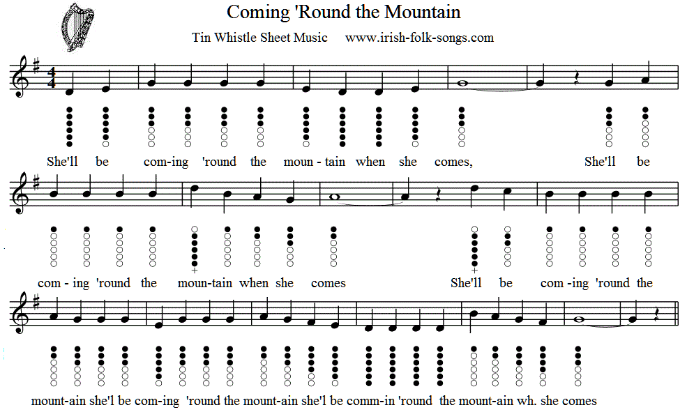 Coming 'round the mountain tin whistle sheet music for children