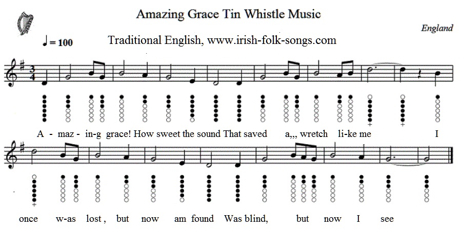Amazing Grace Easy Tin Whistle  Flute Sheet Music - Irish folk songs