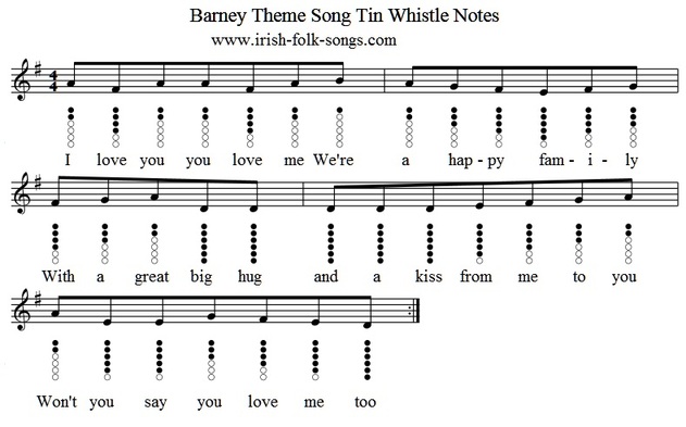 Barney theme song I Love You sheet music and tin whistle notes