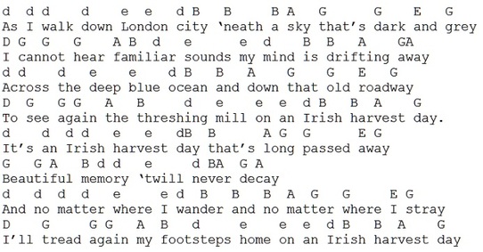 An Irish harvest day tin whistle music notes