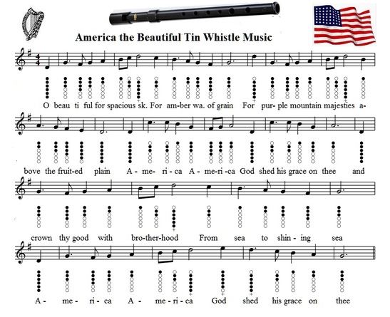 america is beautiful tin whistle sheet music notes