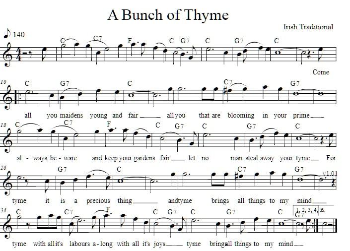 A bunch of thyme piano sheet music in C Major