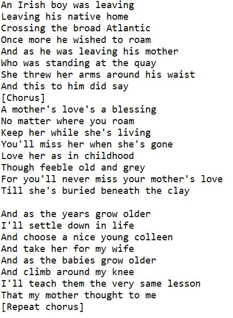 A mother's love's a blessing Irish lyrics