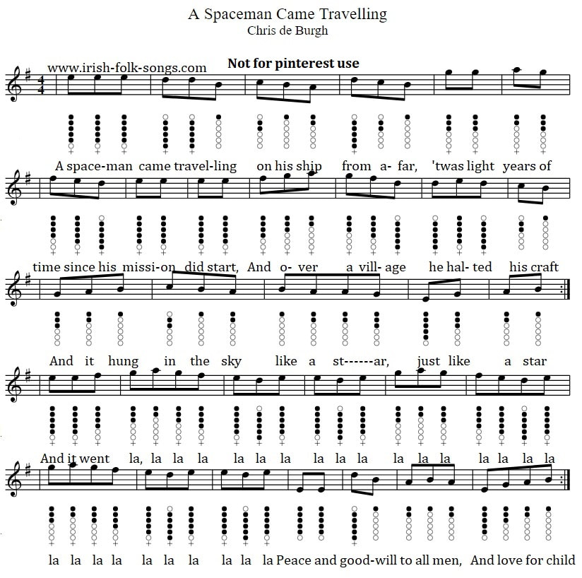 A Spaceman Came Travelling Tin Whistle Sheet Music