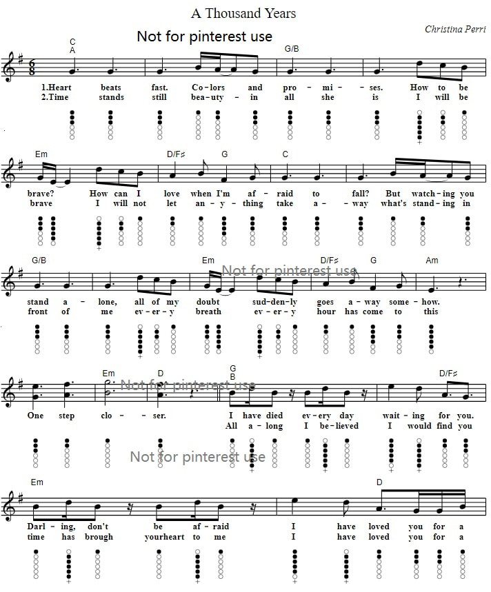 A Thousand Years Tin Whistle And Piano Sheet Music Tab