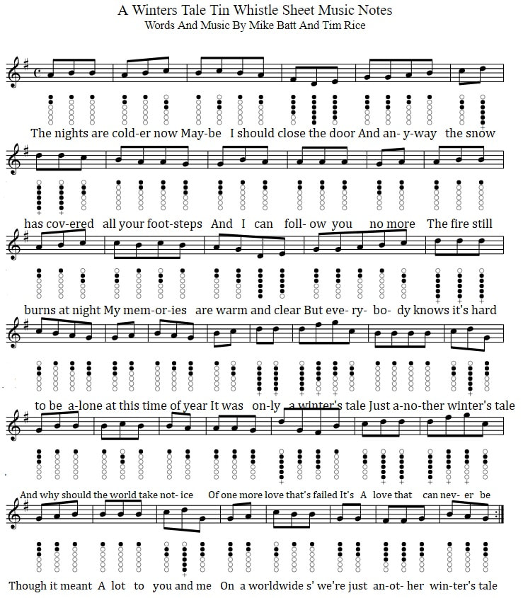 A Winter's Tale Tin Whistle Sheet Music By David Essex