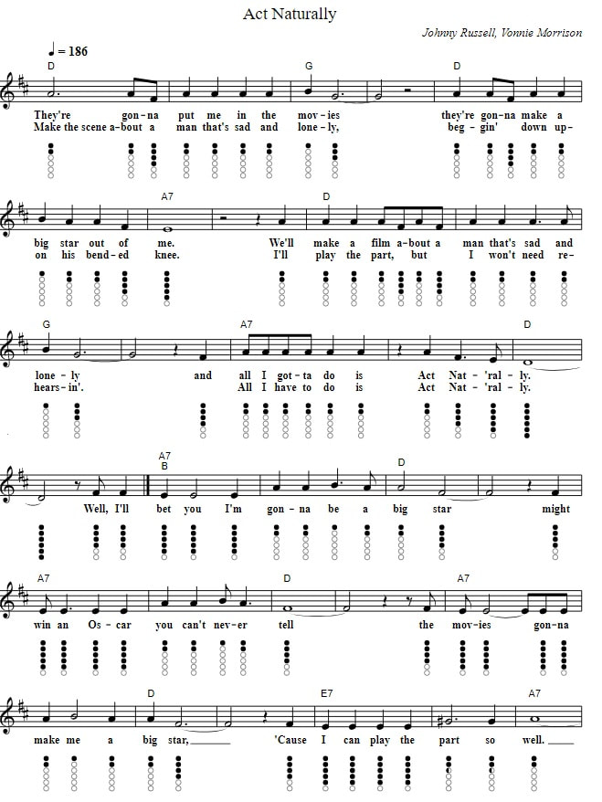 Act Naturally Sheet Music And Tin Whistle Notes with gutar chords