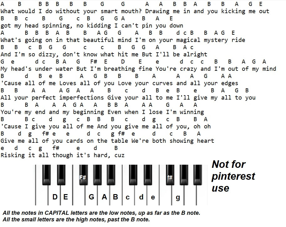 All of me piano keyboard / flute letter notes