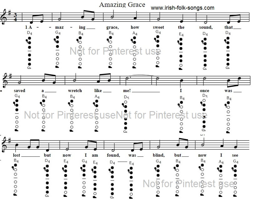 Amazing Grace easy flute sheet music notes for beginners