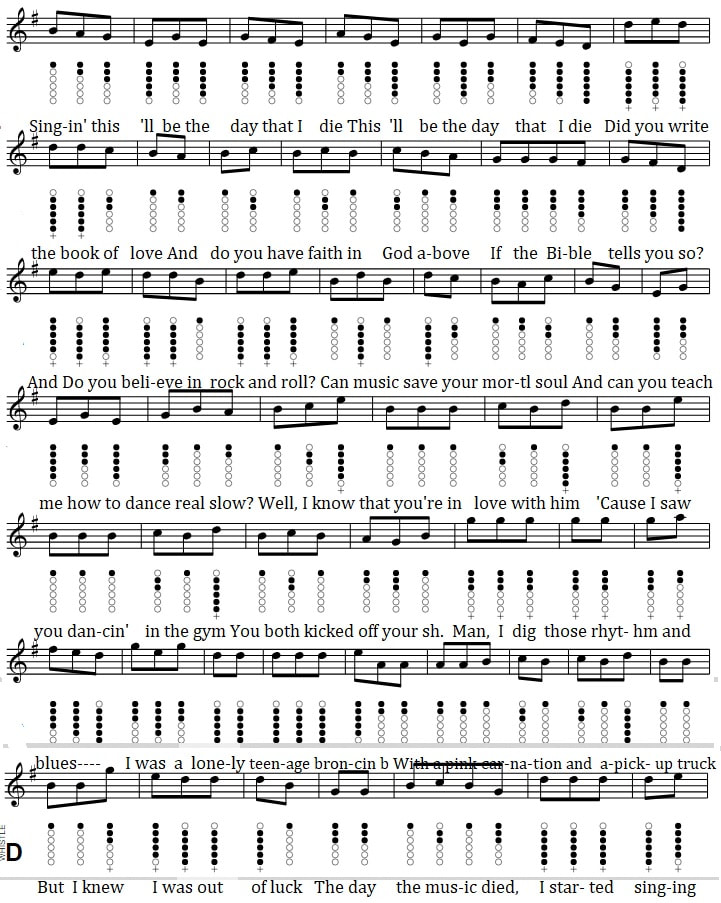 American pie sheet music in G Major by Don McLean