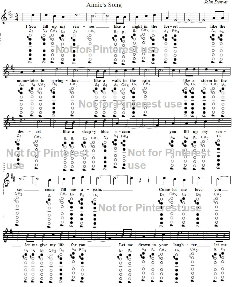 Annie's song easy flute sheet music for beginners