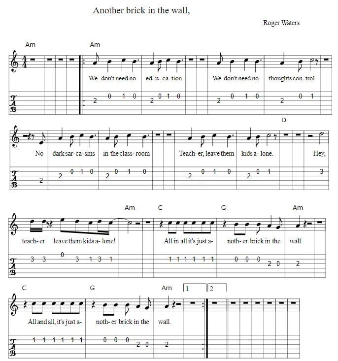 Another brick in the wall fingerstyle guitar tab