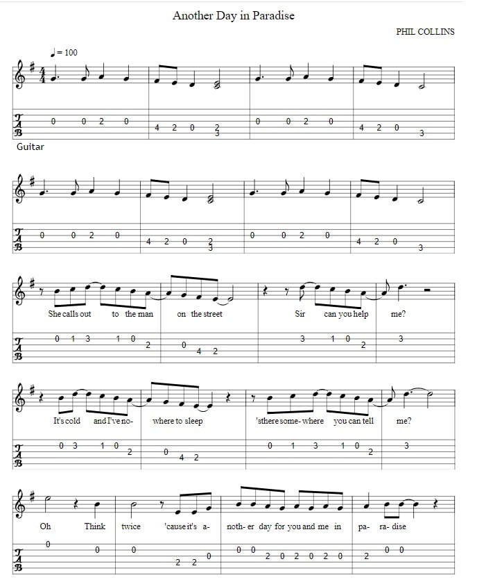 Another day in Paradise guitar tab fingerstyle