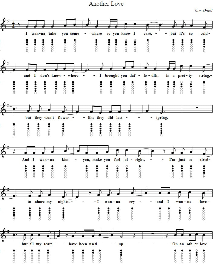 Another Love easy sheet music and tin whistle notes by Tom Odell