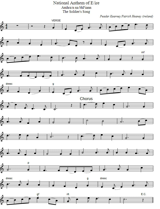 Amhran No Bhfiann / Irish national anthem sheet music notes for g major key