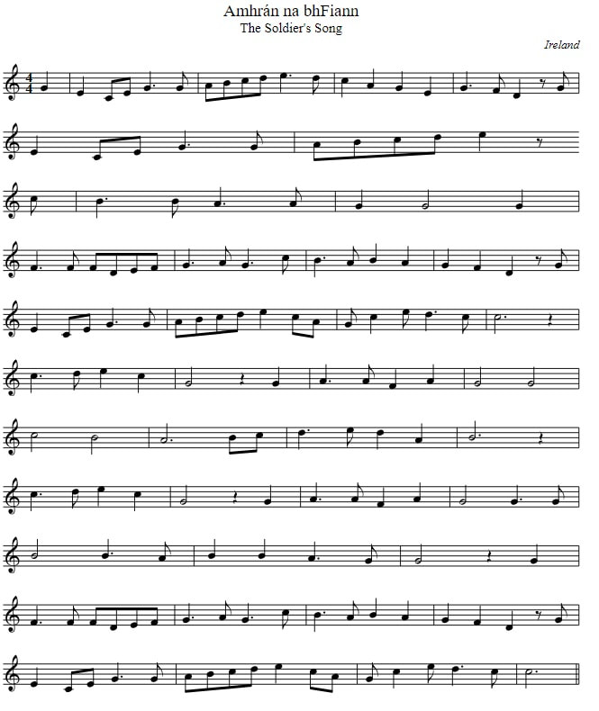 The Irish national anthem sheet music in G