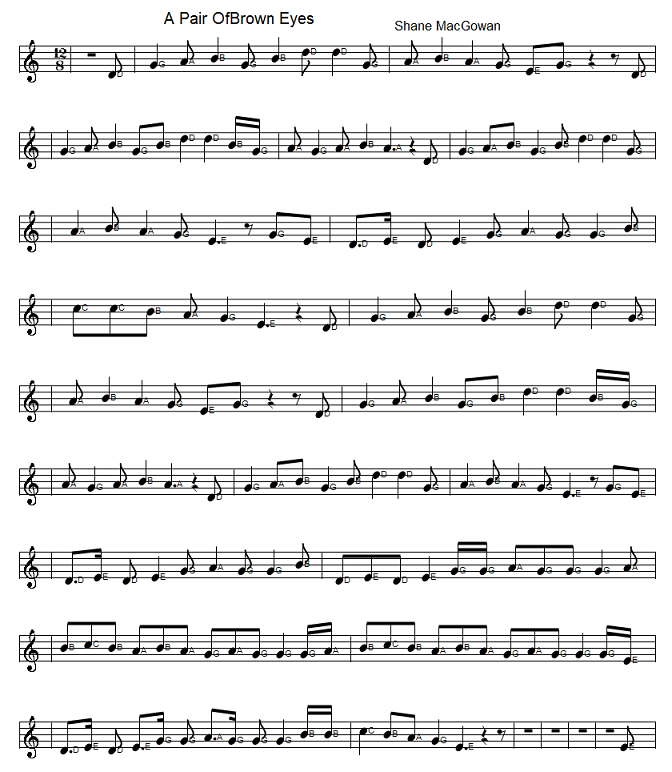The Pogue sheet music for a pair of brown eyes in G