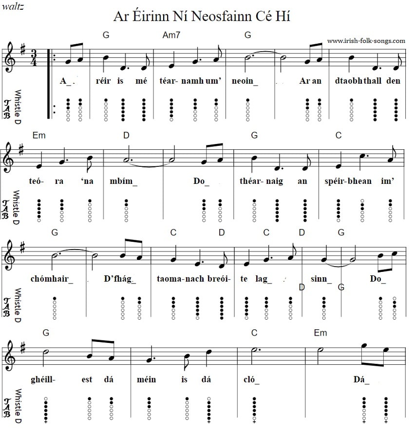  Ar Éirinn Ní Neosfainn Cé Hí tin whistle tab with lyrics and chords