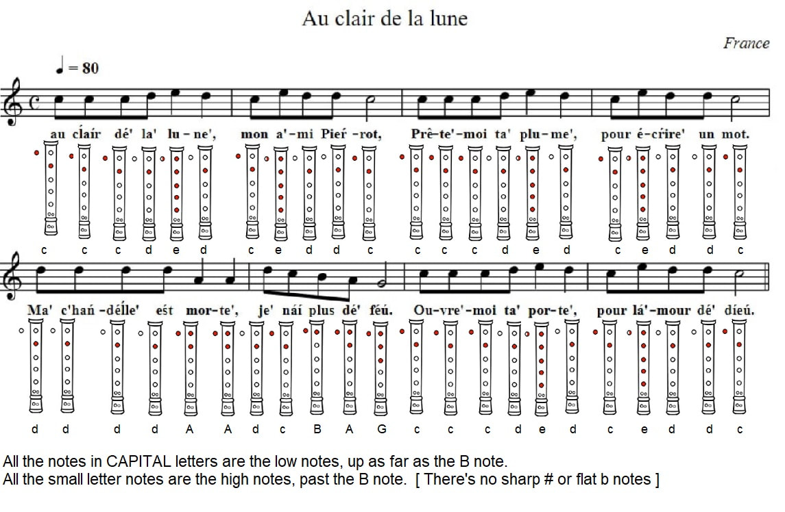 Au Clair De La Lune recorder letter notes