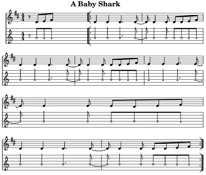 Baby shark guitar sheet music tab in D Major