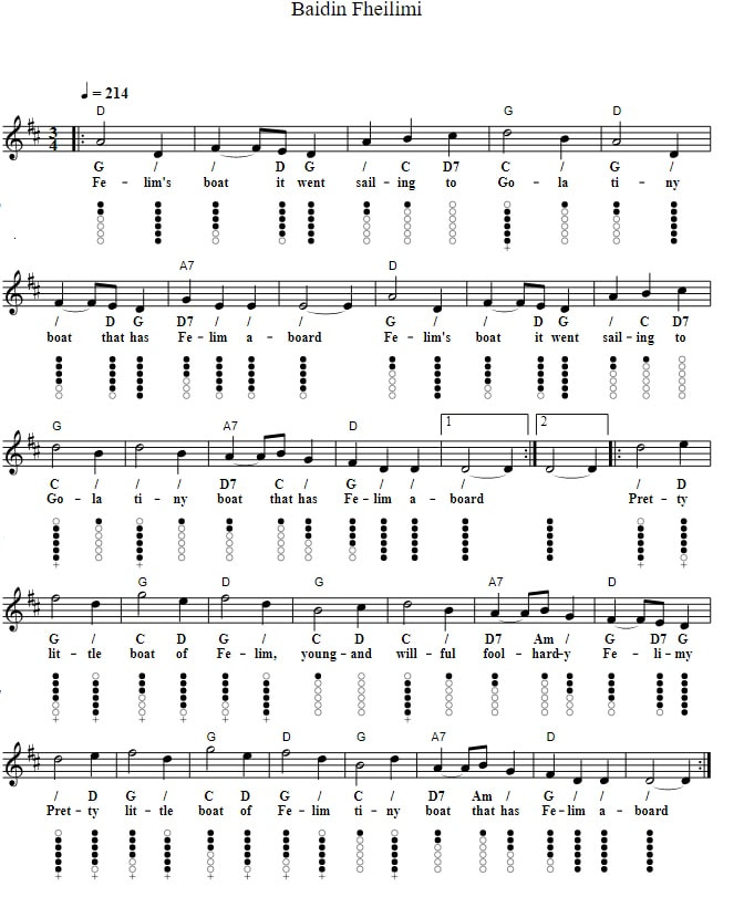 Baidin fheilimi sheet music in English with the tin whistle tab