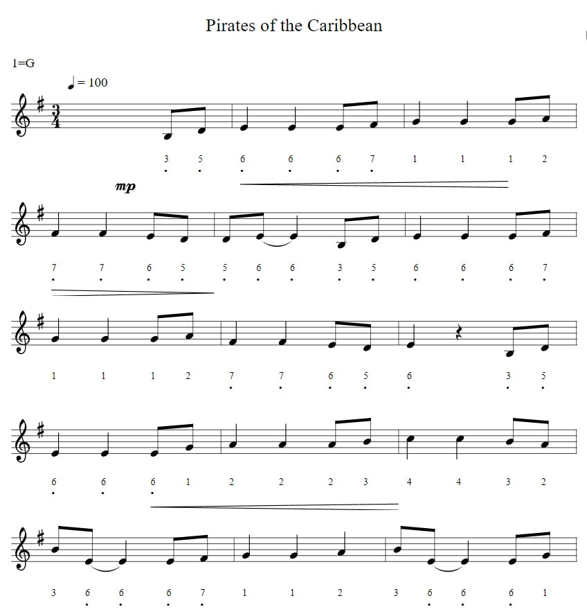 Bamboo flute sheet music Pirates Of The Caribbean