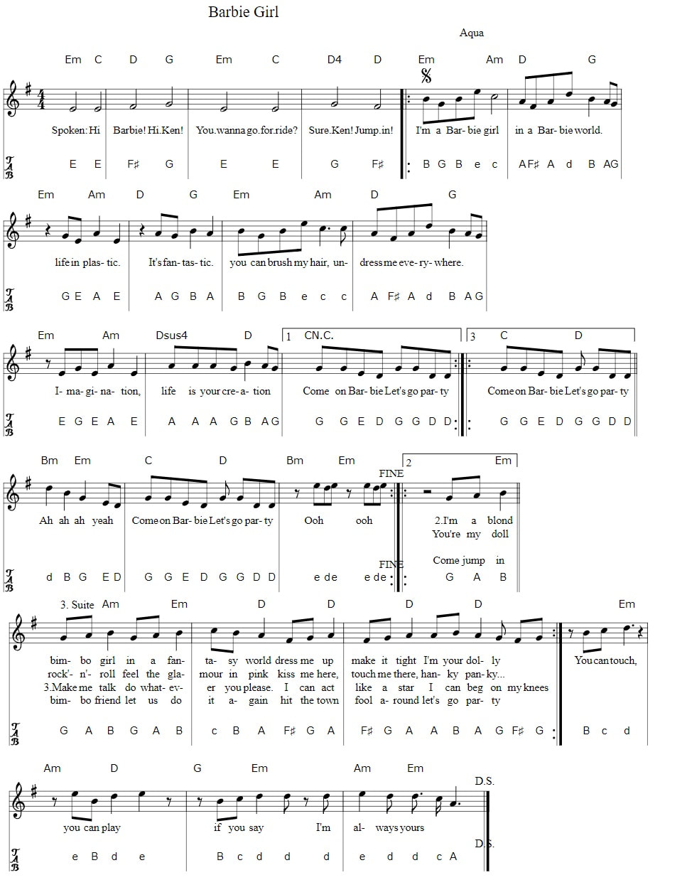 Barbie Girl Piano Letter Notes 