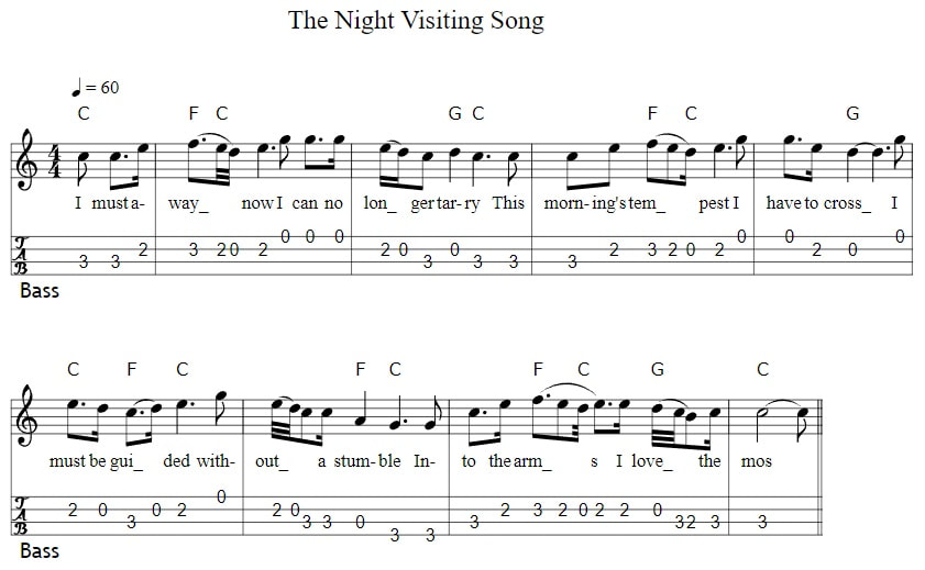 The bass guitar tab for The Night Visiting Song By The Dubliners