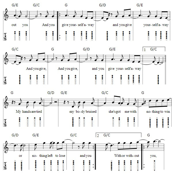 Beginner tin whistle tab with or without you by u2 part two