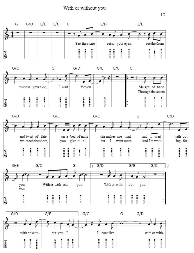 Beginner tin whistle tab with or without you by u2