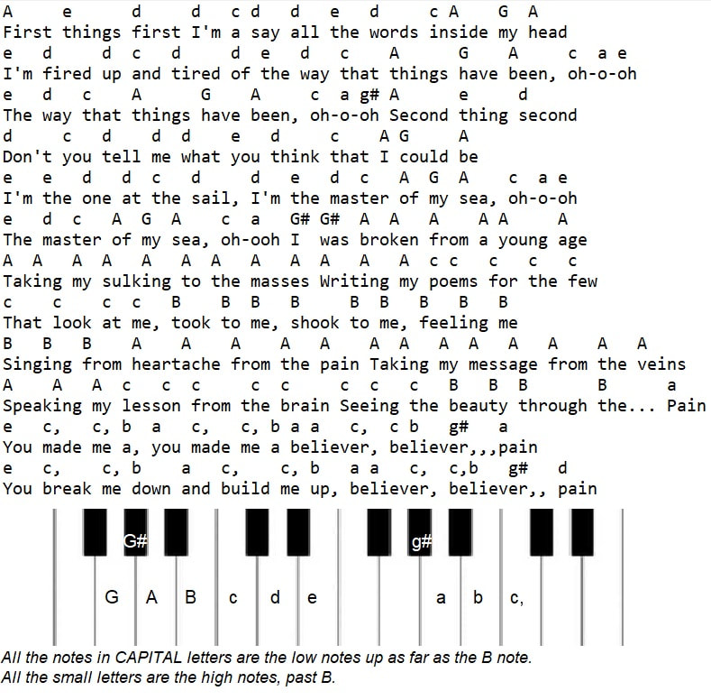 Believer piano keyboard letter notes by Imagine Dragons