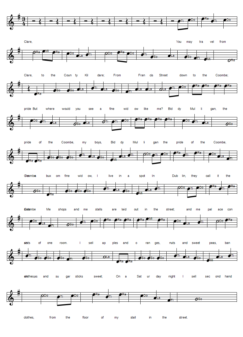 Biddy Mulligan folk song sheet music notes in Solfege Do Re Mi format