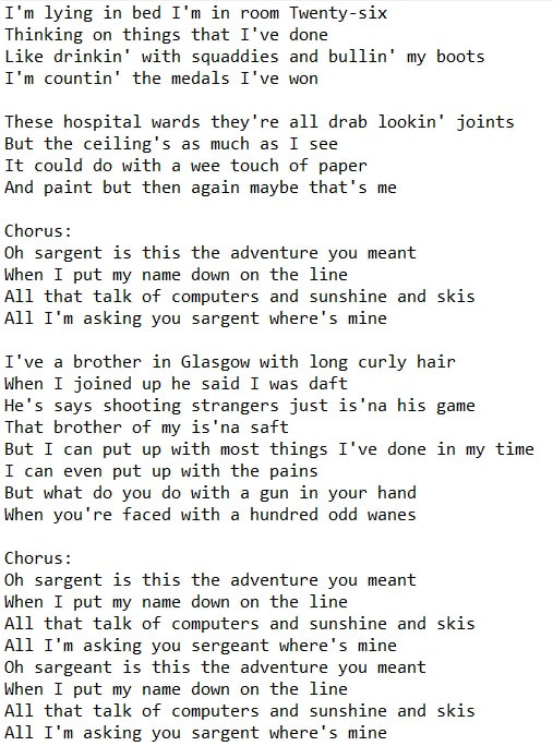 Billy Connolly lyrics for I'm Asking You Sargent Where's Mine