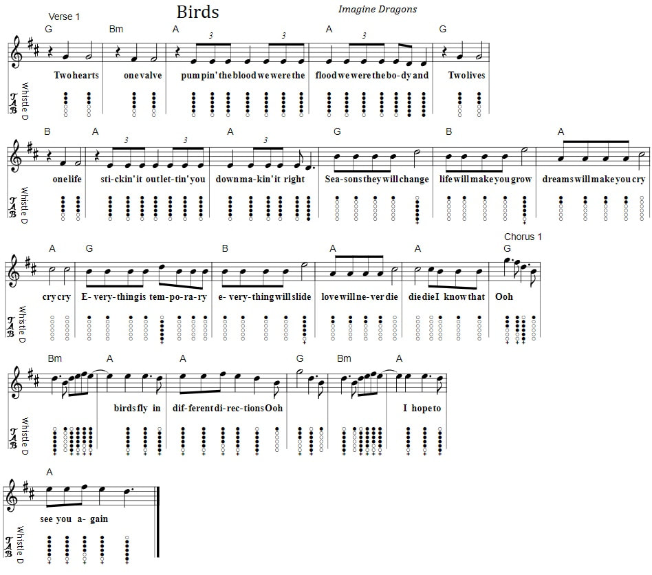 Birds tin whistle sheet music notes with chords by Imagine Dragons