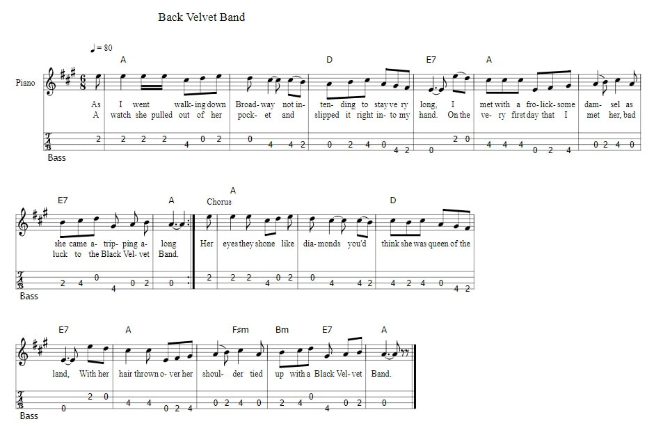 Bass guitar tab for The Black Velvet Band