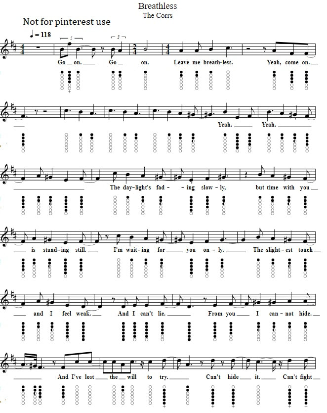 Breathless sheet music and tin whistle notes by the Corrs